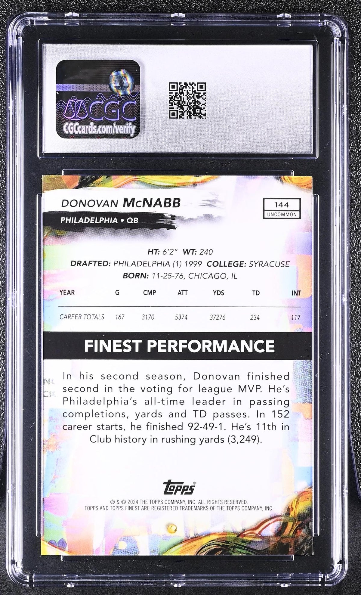 2024 Topps Finest #144 Donovan McNabb Sky Blue Refractor /250 CGC 10