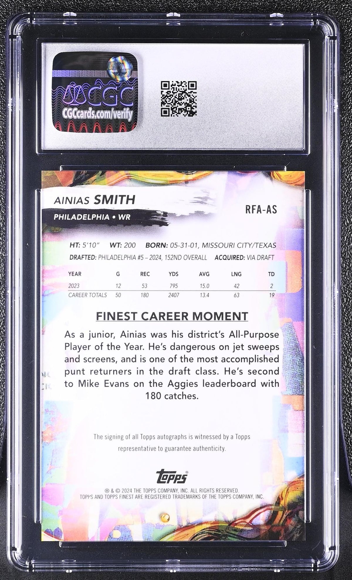 2024 Topps Finest #RFA-AS Ainias Smith Rookie Autographs Auto CGC 10