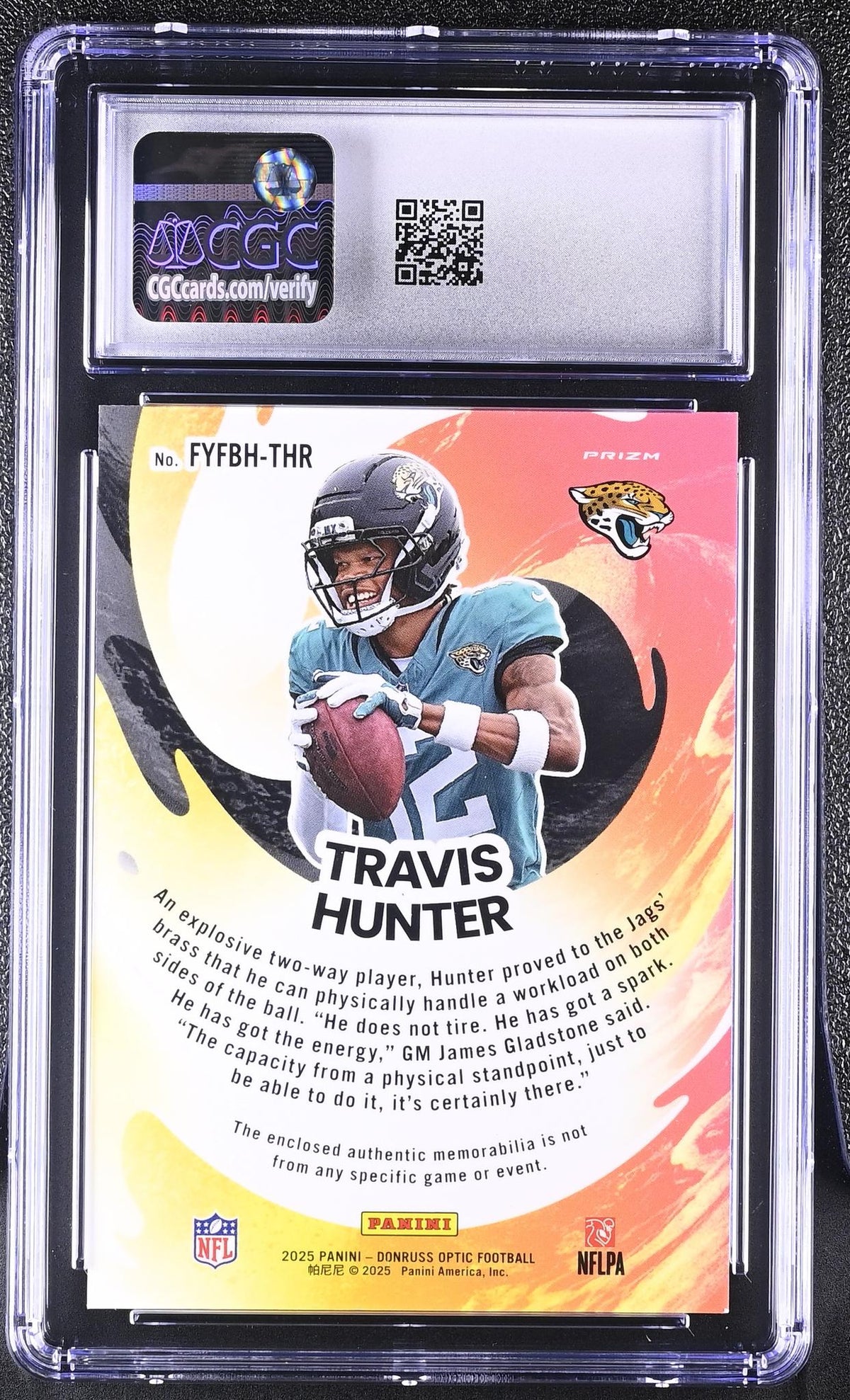 2025 Donruss Optic #FYFBH-THR Travis Hunter First Year Fresh Relics CGC 9