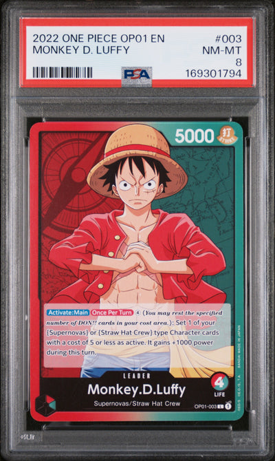 2022 One Piece Romance Dawn Leader Monkey D. Luffy #OP01003 PSA 8