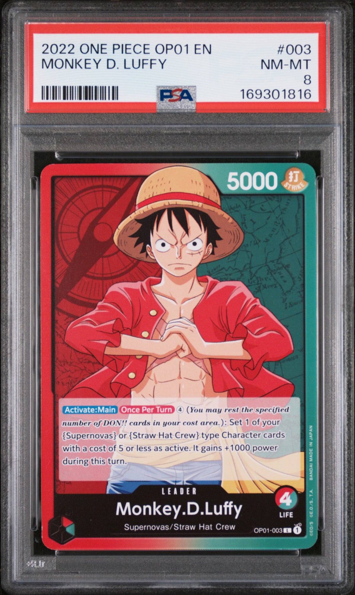 One Piece Card Game Monkey D. Luffy OP01-003 PSA 8
