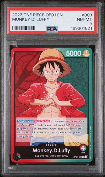 2022 One Piece Romance Dawn Leader Monkey D. Luffy #OP01003 PSA 8