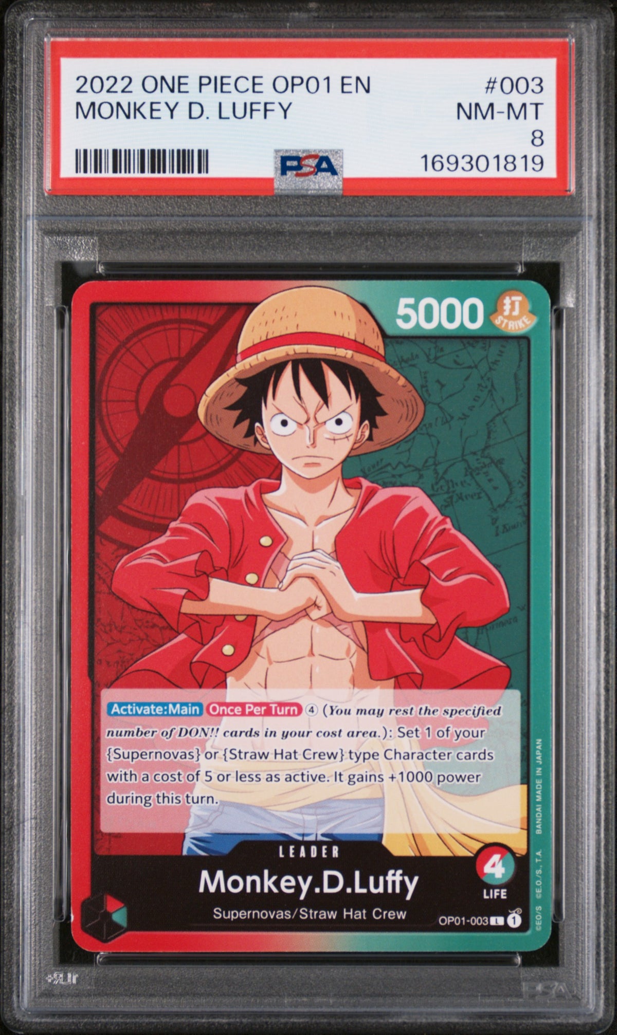 One Piece Card Game Monkey D. Luffy #003 OP01 PSA 8