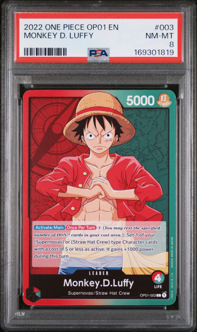 One Piece Card Game Monkey D. Luffy #003 OP01 PSA 8