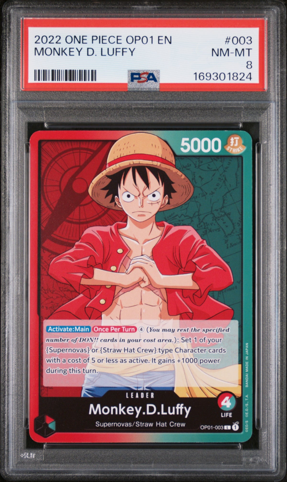 2022 One Piece Romance Dawn Leader Monkey D. Luffy #OP01003 PSA 8
