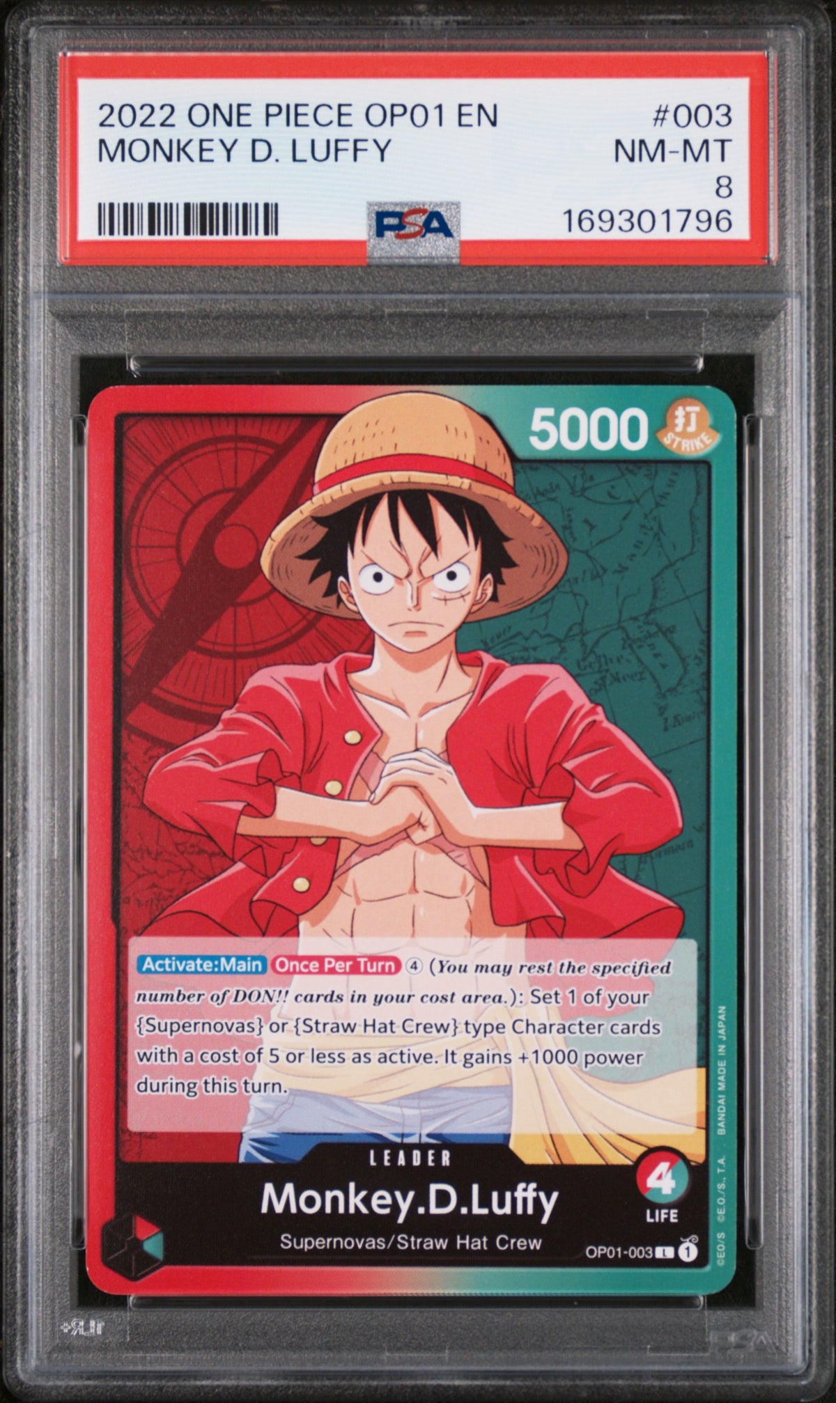 One Piece Card Game Monkey D. Luffy #003 OP01 PSA 8