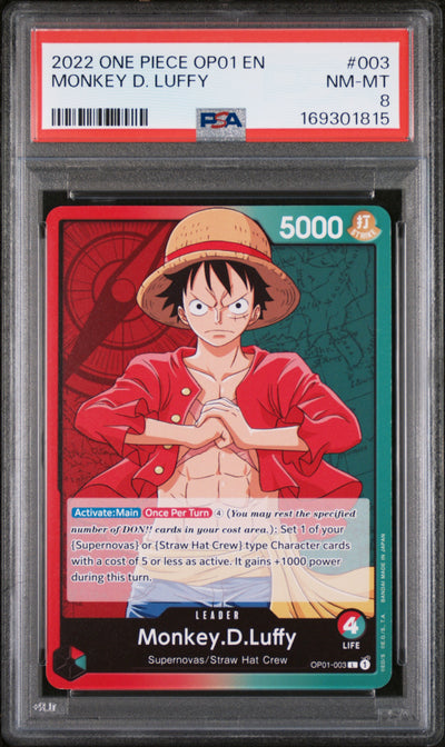 2022 One Piece Romance Dawn Leader Monkey D. Luffy #OP01003 PSA 8