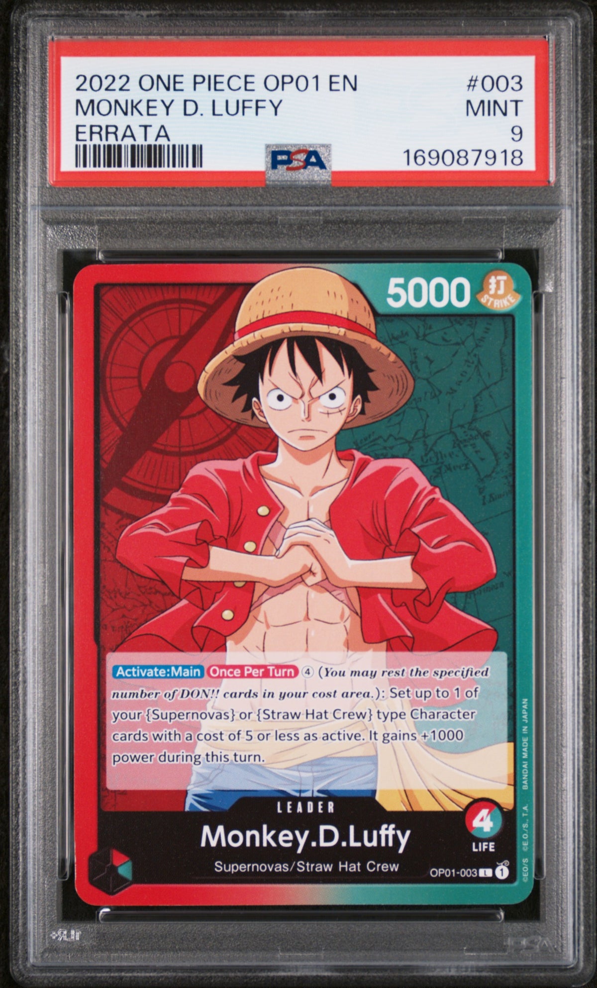2022 One Piece Monkey D. Luffy #003 Errata PSA 9