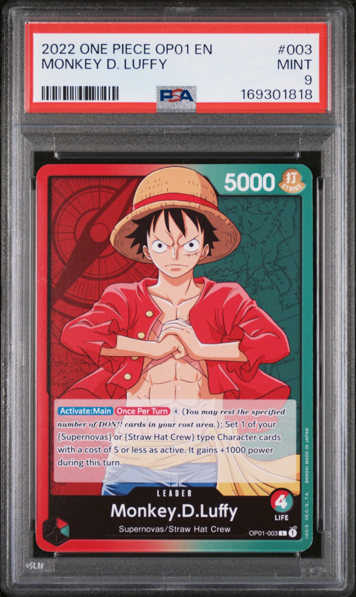 One Piece Card Game Monkey D. Luffy OP01-003 Supernovas/Straw Hat Crew PSA 9
