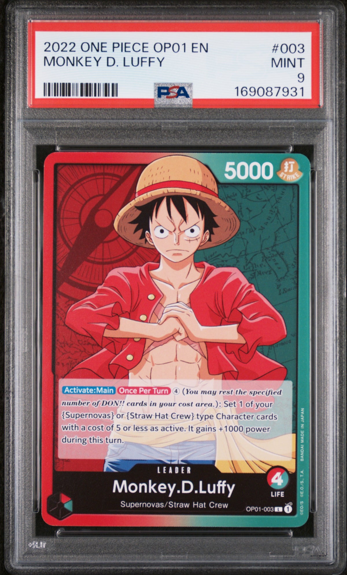 One Piece Card Game Monkey D. Luffy OP01-003 PSA 9