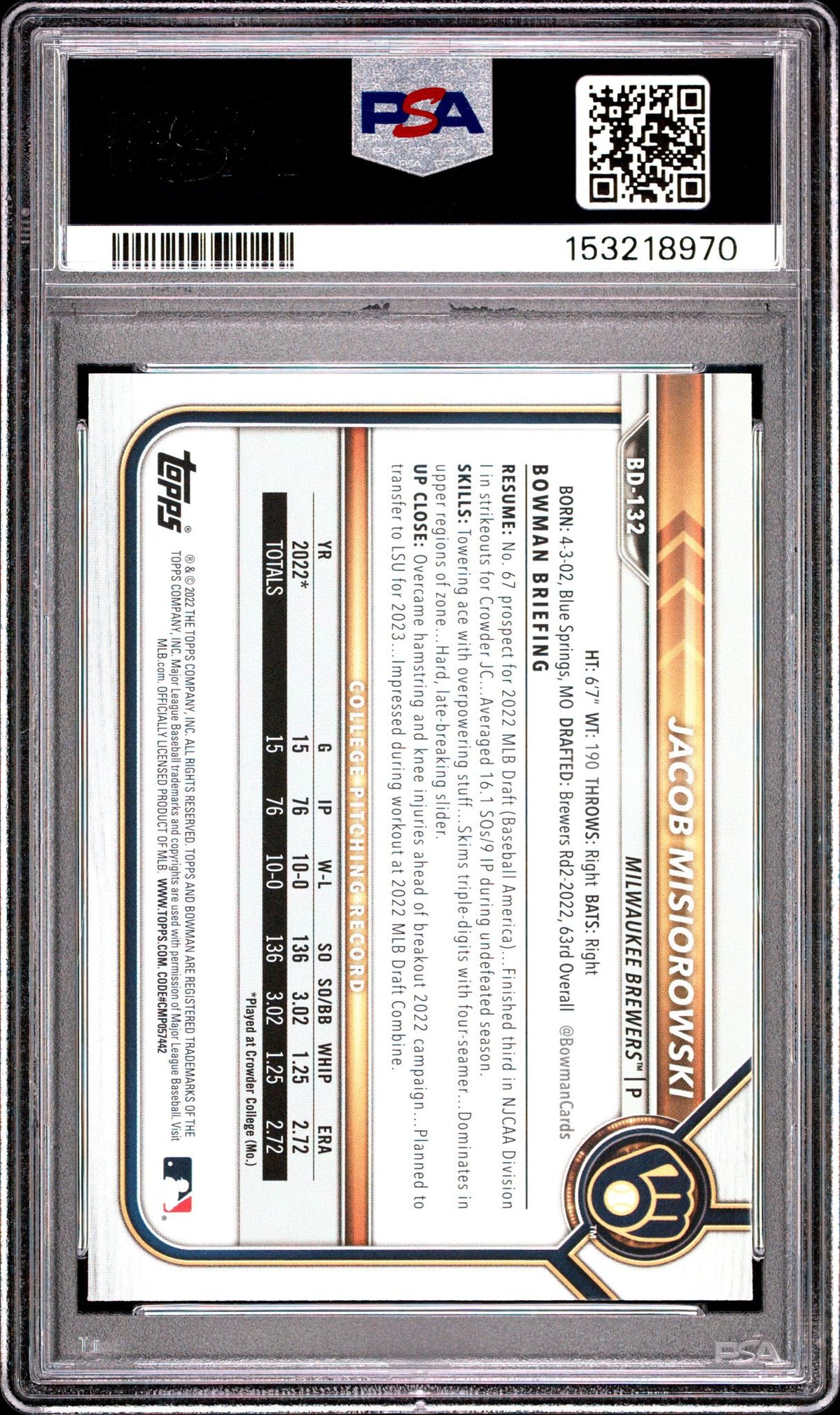 2022 Bowman Draft 1st Edition Jacob Misiorowski #BD132 PSA 10