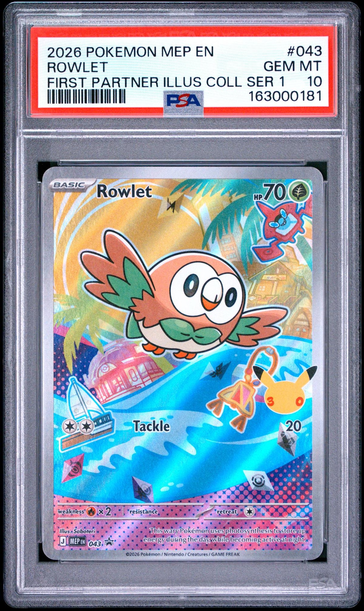 2026 Pokemon Black Star Promo Mega Evolution First Partner Illustration Collection Series 1 Rowlet #043 PSA 10