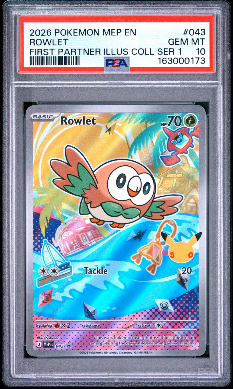2026 Pokemon Black Star Promo Mega Evolution 30th Anniversary First Partner Illustration Collection Series 1 Rowlet #043 PSA 10