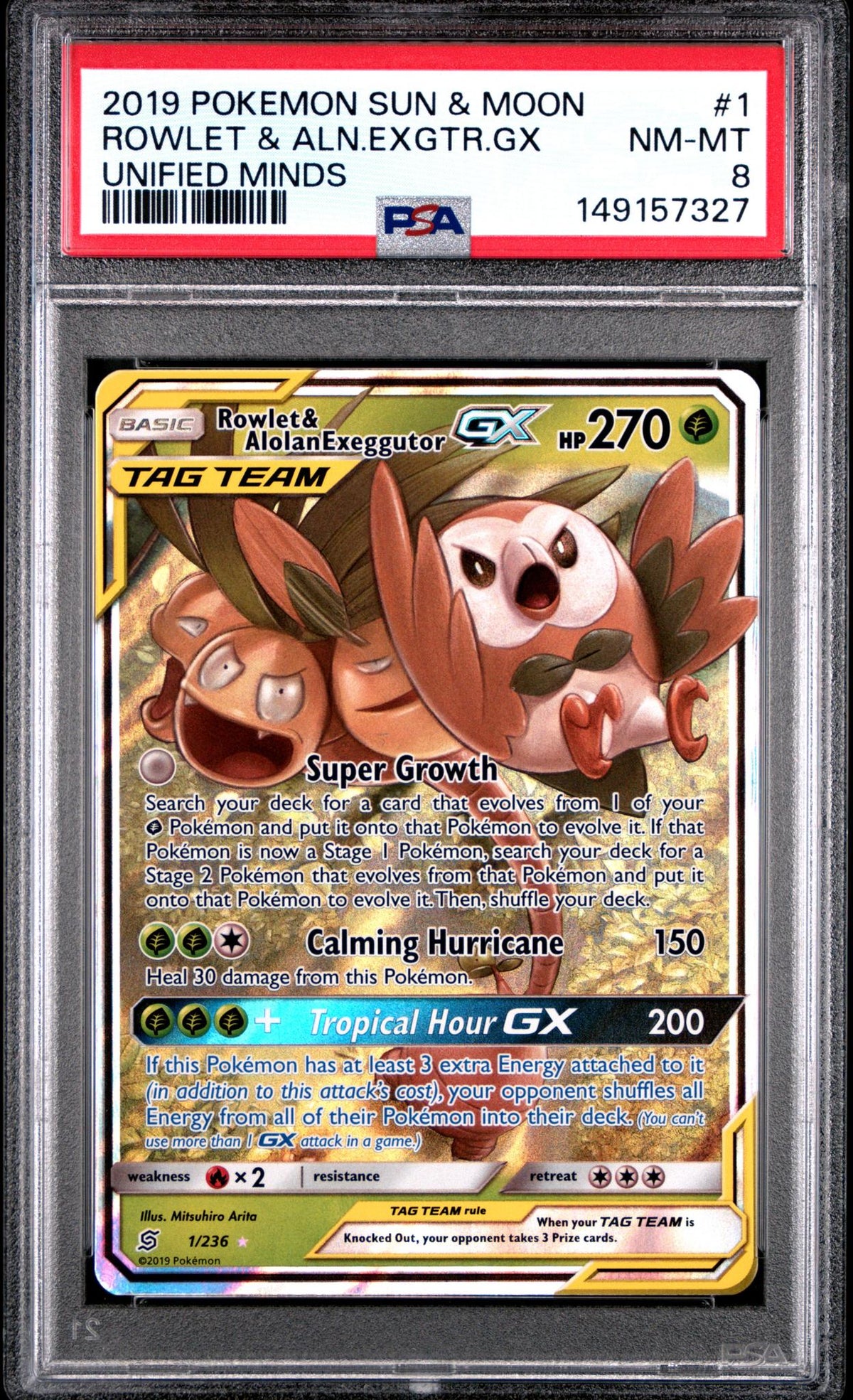 2019 Pokemon Sun and Moon Unified Minds Alolan Exeggutor Gx/Rowlet #1 PSA 8
