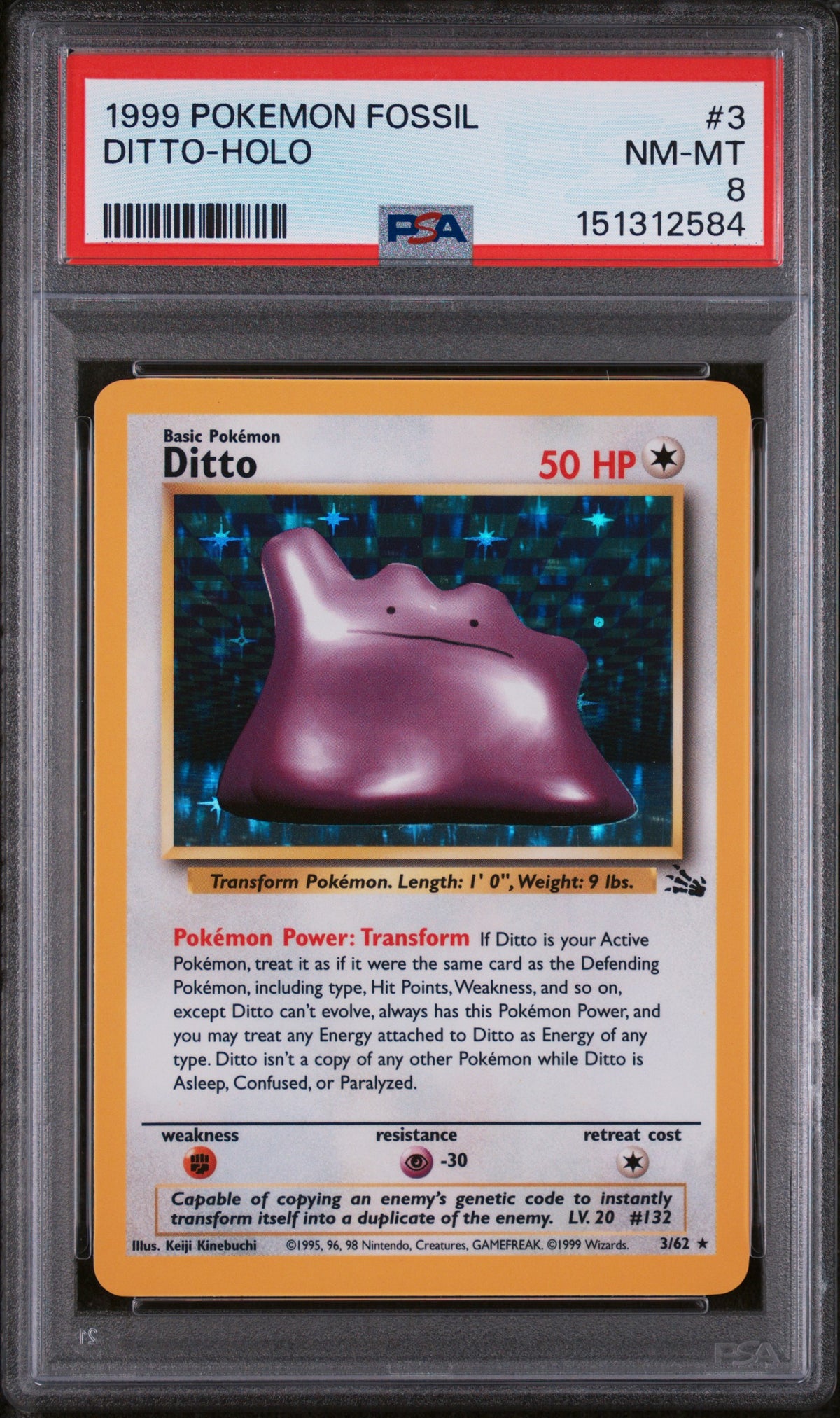 1999 Pokemon Fossil Holo Ditto #3 PSA 8