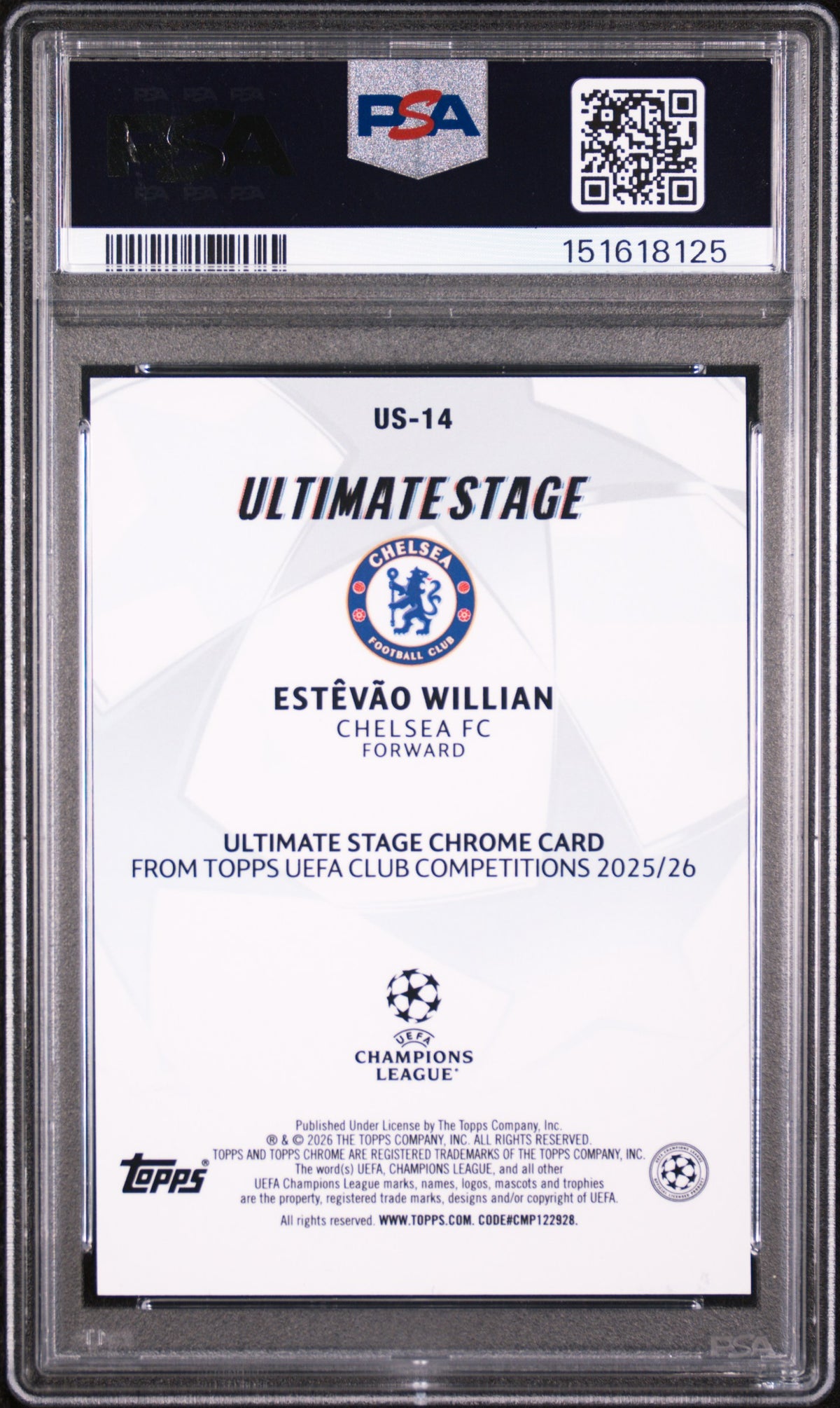 2025 Topps UEFA Club Competitions Ultimate Stage Chrome Estevao Willian #US14 PSA 10