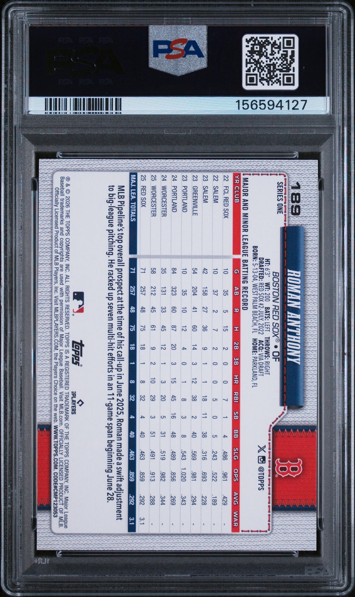2026 Topps Roman Anthony #189 PSA 10