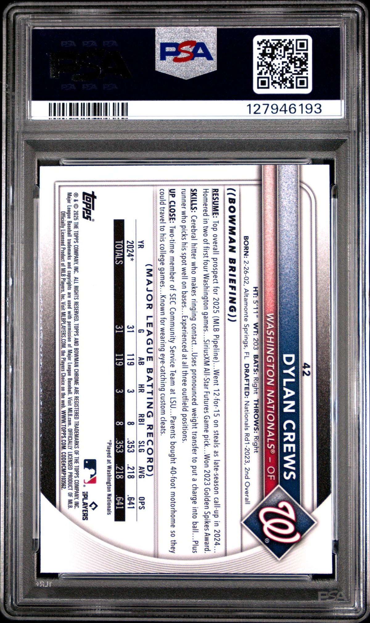2025 Bowman Chrome Bowman Mega Box Purple Refractors Dylan Crews #42 /250 PSA 10