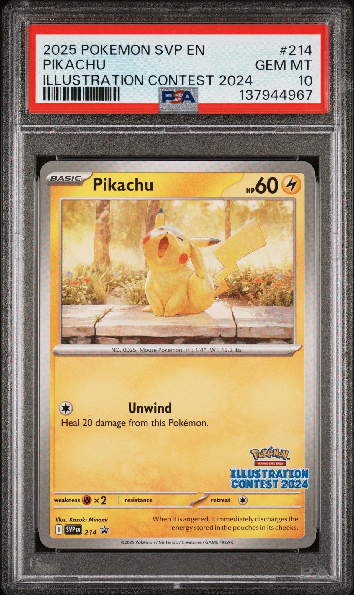 2025 Pokemon Scarlet and Violet Black Star Promo Illustration Contest 2024 Pikachu #214 PSA 10