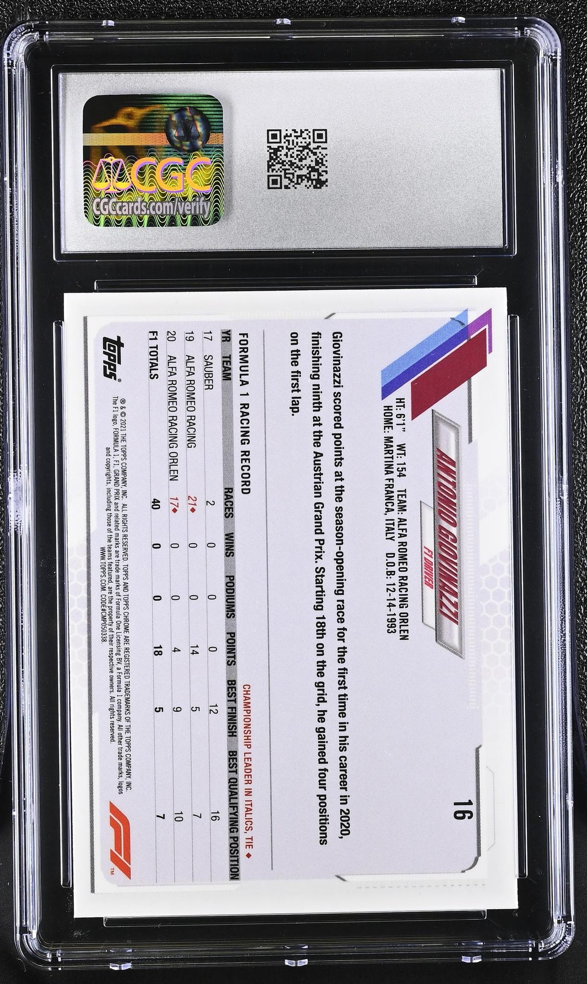 2020 Topps Chrome #16 Antonio Giovinazzi Sapphire F1 CGC 10