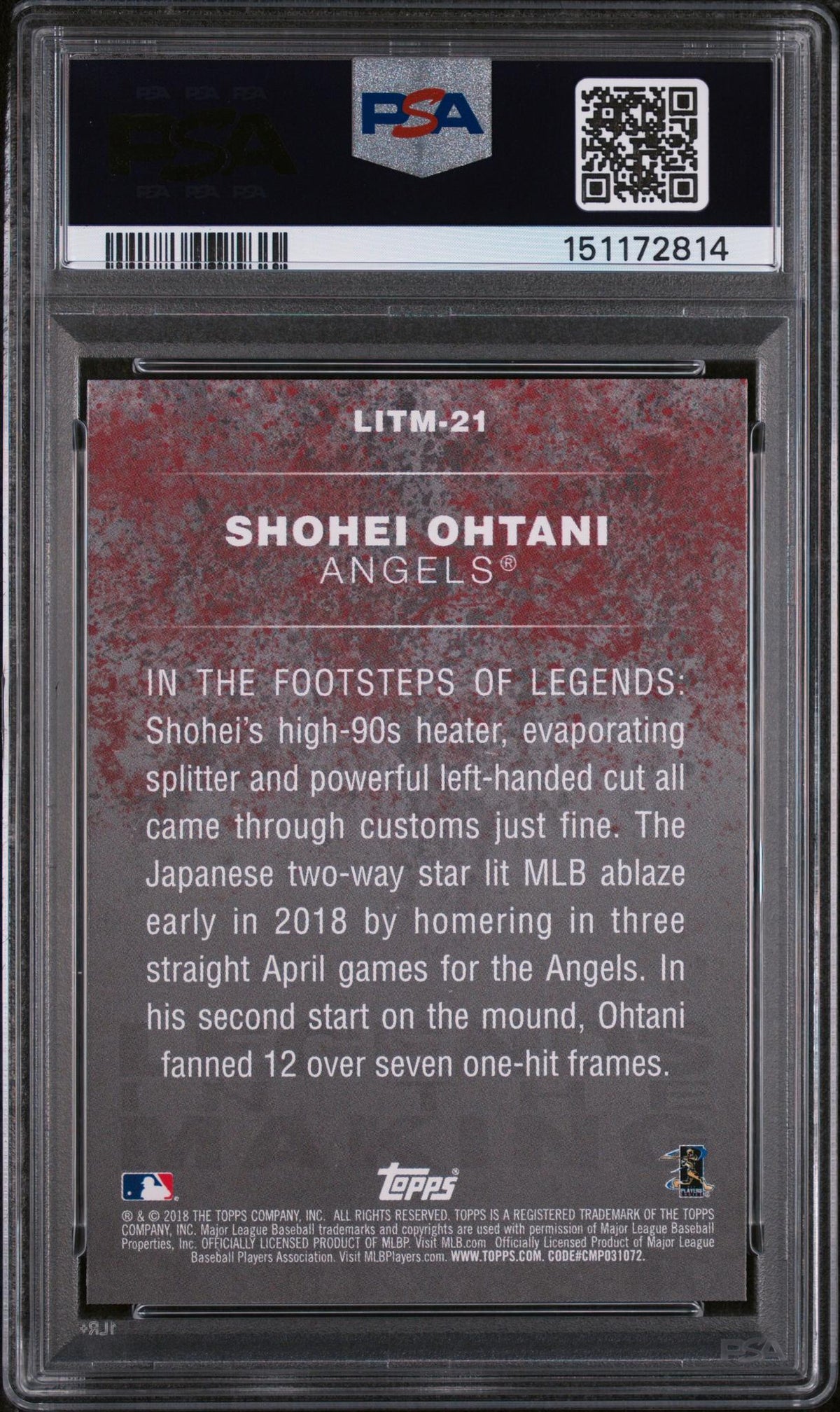 2018 Topps Update Legends In the Making Shohei Ohtani #LITM21 PSA 10