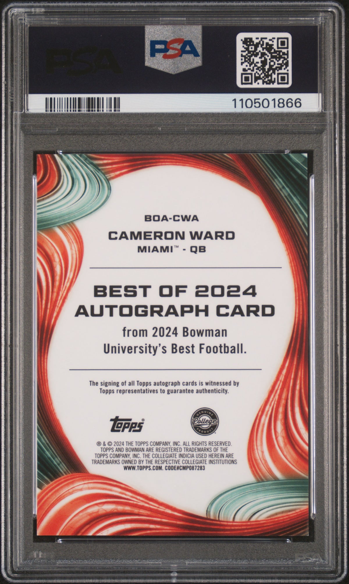 2024 Bowman Best University Best of 2024 Autographs Orange Geometric Cameron Ward #CWA /25 PSA 9