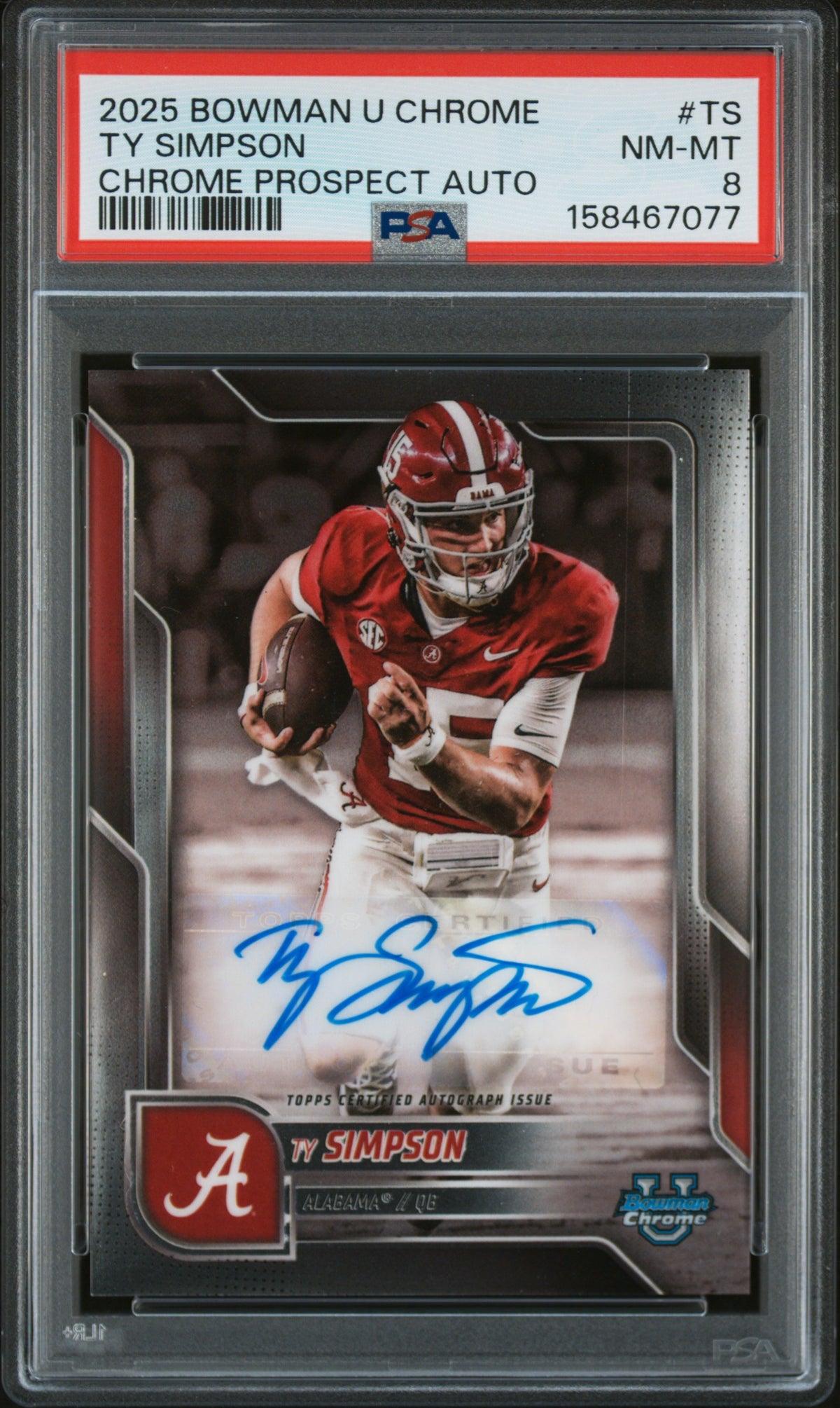 2025 Bowman University Chrome Prospect Autograph Ty Simpson #BCATS PSA 8