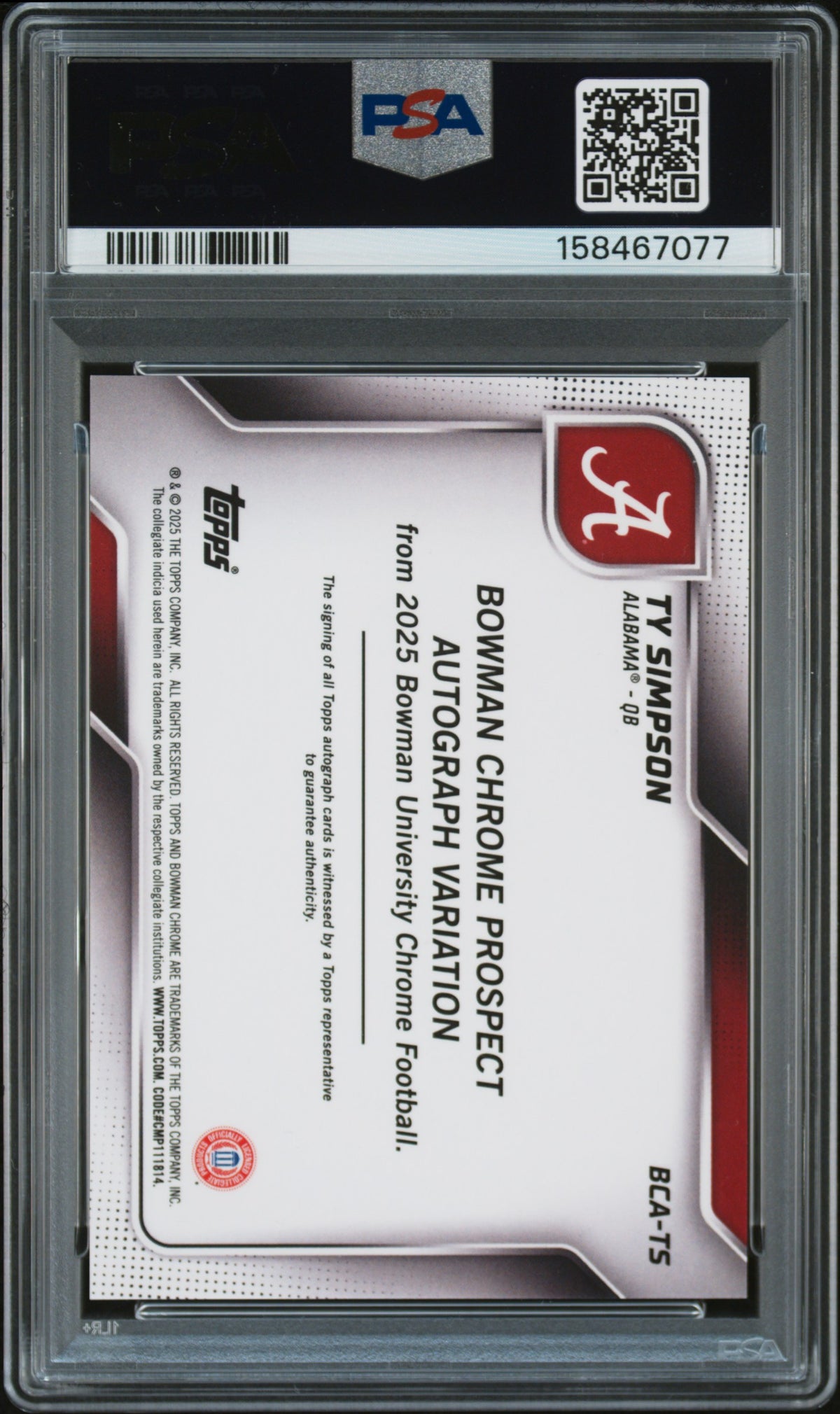 2025 Bowman University Chrome Prospect Autograph Ty Simpson #BCATS PSA 8