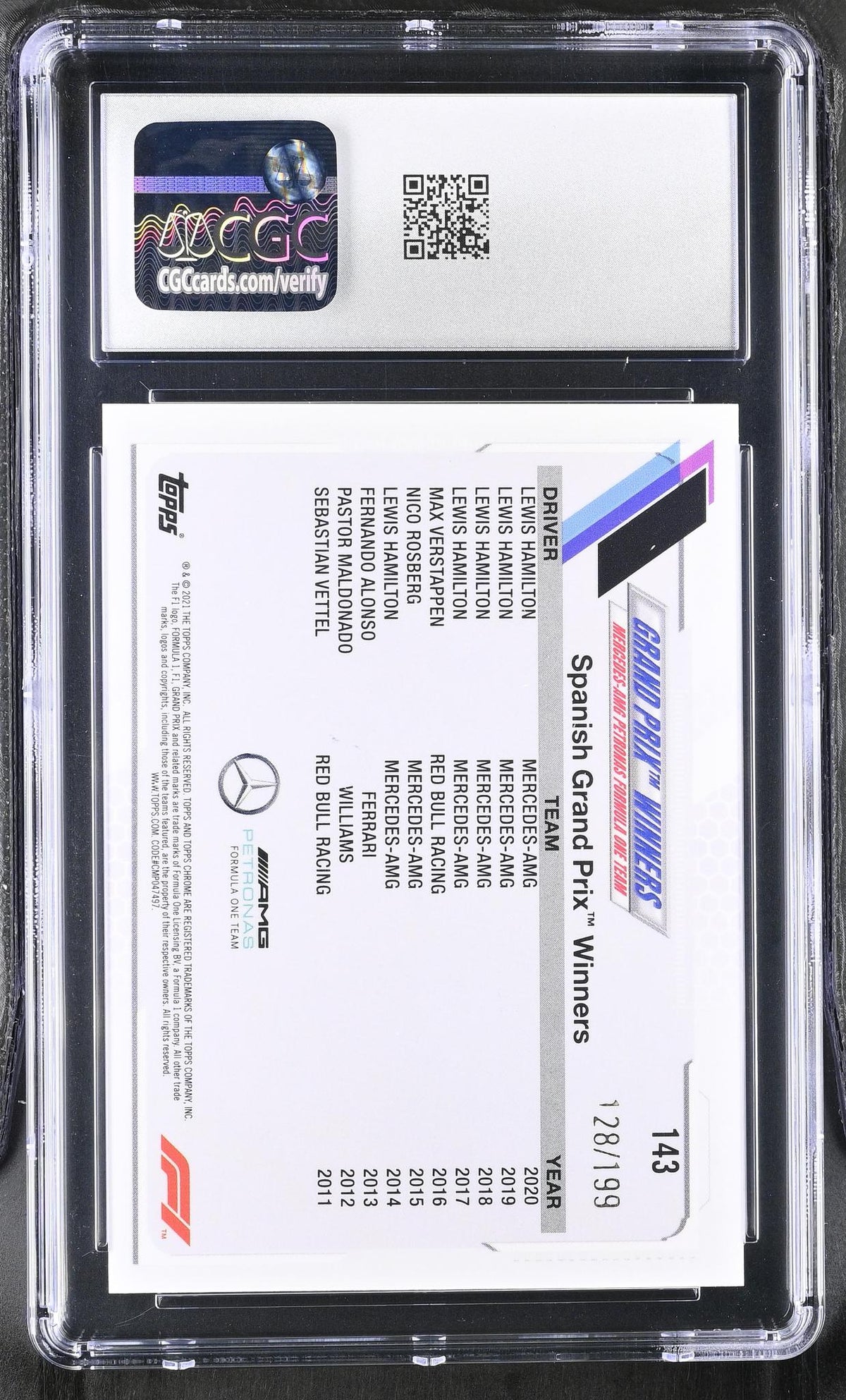 2021 Topps Chrome #143 Lewis Hamilton Purple Checker Flag Refractor /199 CGC 9.5