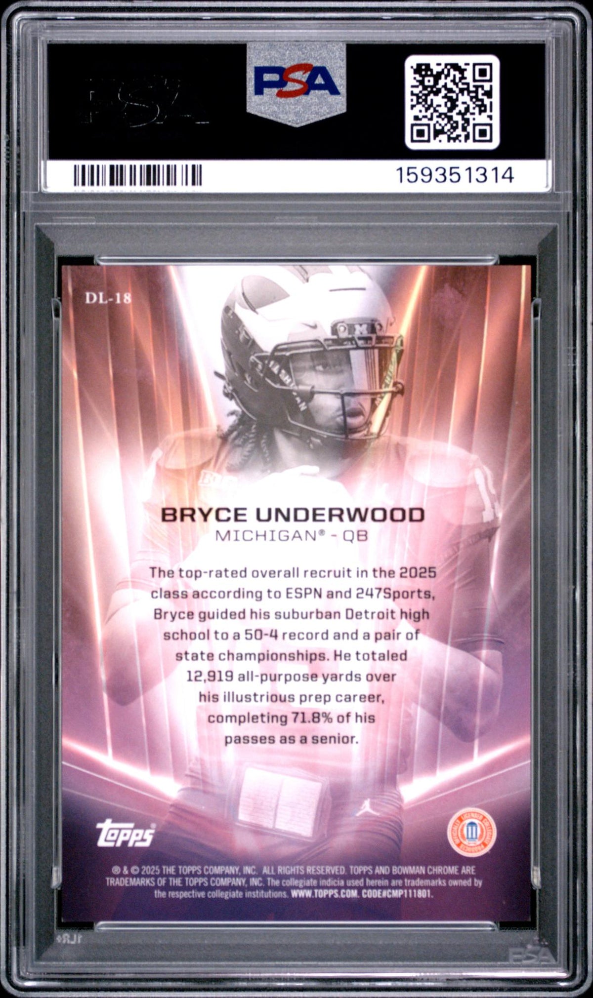 2025 Bowman University Chrome Dean's List Bryce Underwood #18 PSA 10