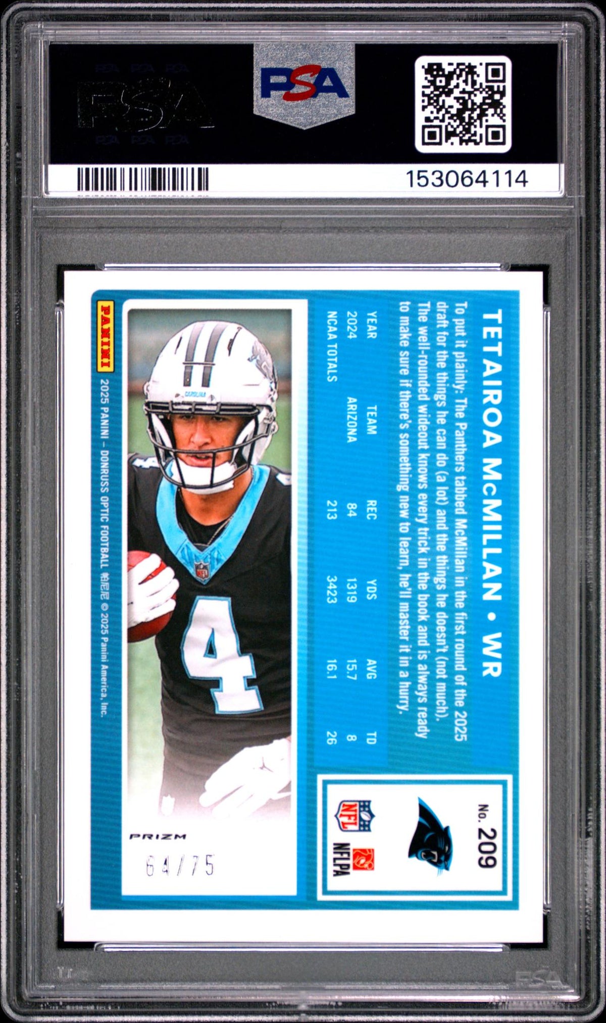 2025 Panini Donruss Optic Electricity Tetairoa Mcmillan #209 PSA 9