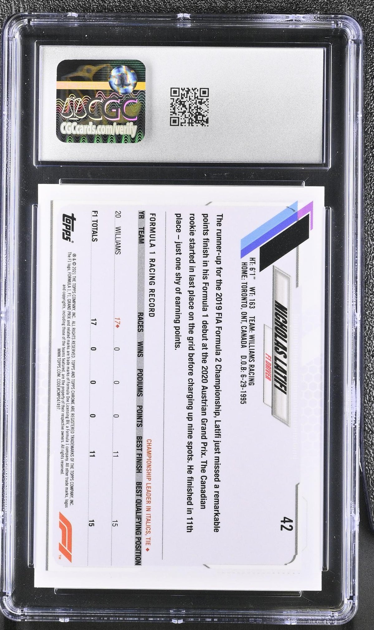 2021 Topps Chrome #42 Nicholas Latifi Black & White RayWave Refractor CGC 9