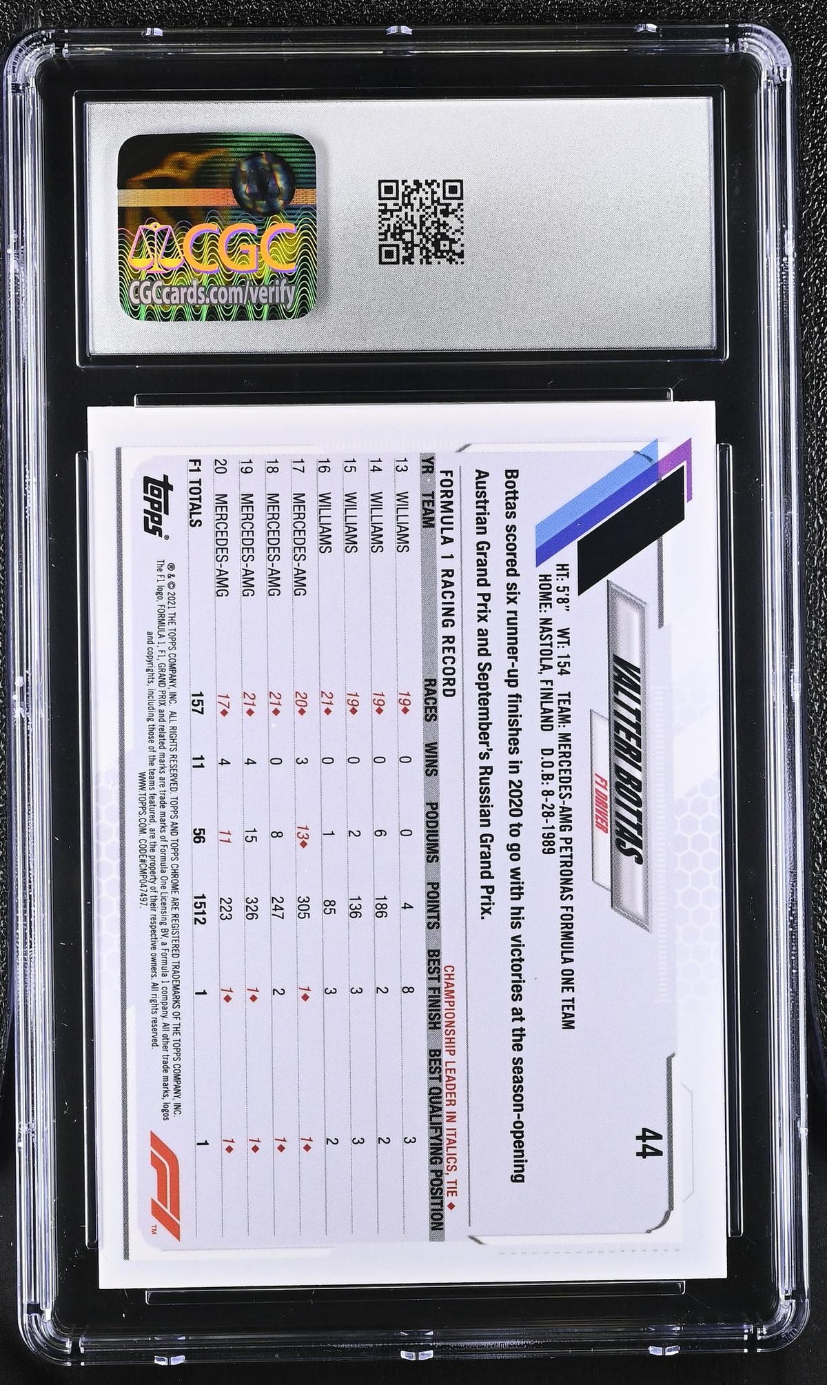 2021 Topps Chrome #44 Valtteri Bottas Checker Flag Refractor CGC 10