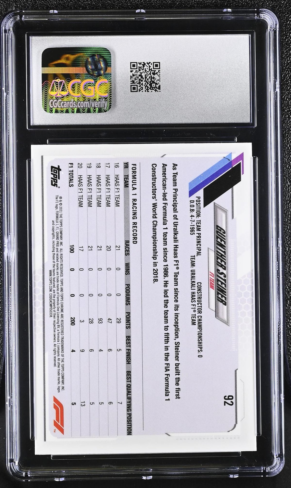 2021 Topps Chrome Sapphire #92 Guenther Steiner CGC 9