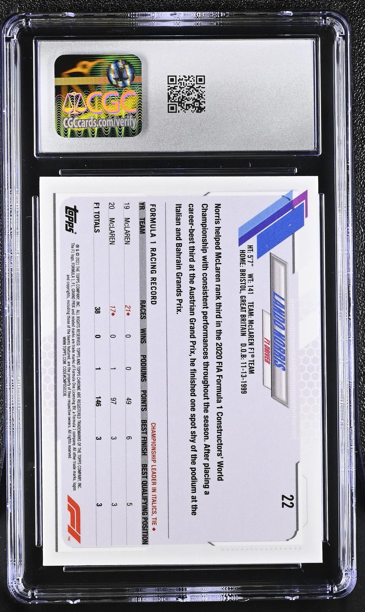 2021 Topps Chrome #22 Lando Norris Sapphire CGC 10