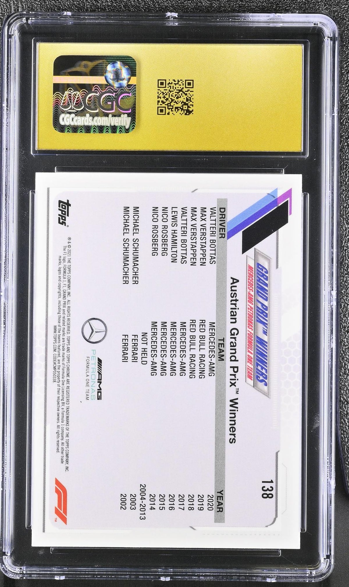 2021 Topps Chrome #138 Valtteri Bottas Chrome Sapphire CGC 10