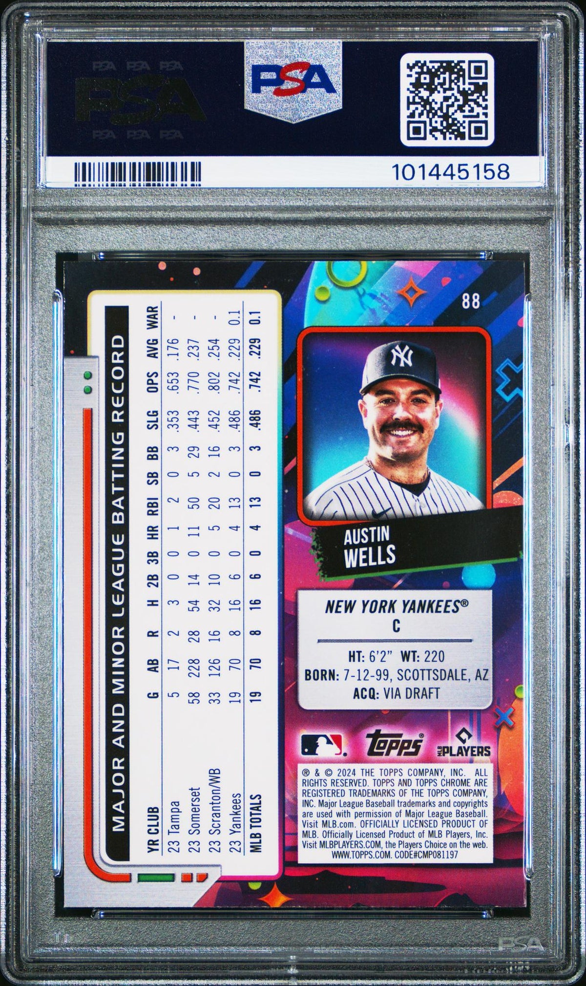 2024 Topps Chrome Cosmic Blue Moon Refractor Austin Wells #88 PSA 10