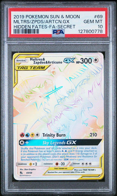 Pokémon Sun & Moon Hidden Fates Moltres & Zapdos & Articuno GX #69 Secret PSA 10