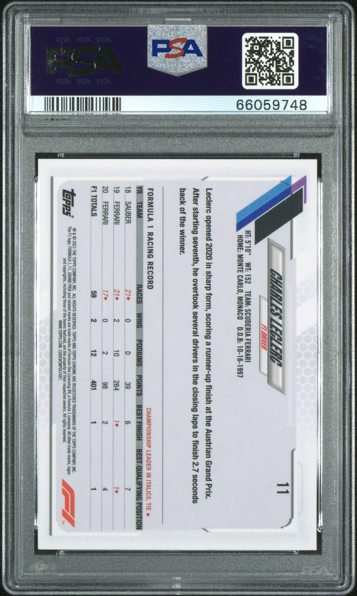 2021 Topps Chrome Formula 1 Gold Purple Refractor Charles Leclerc #11 PSA 9