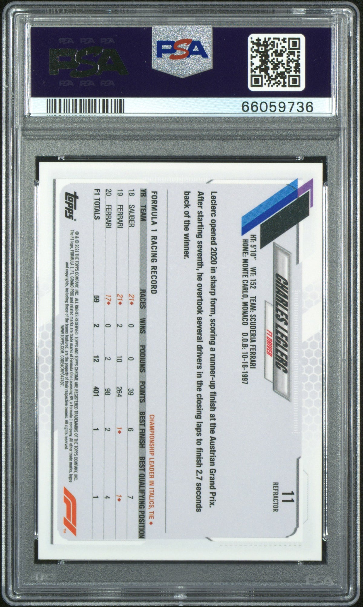 2021 Topps Chrome Formula 1 Refractor Charles Leclerc #11 PSA 9