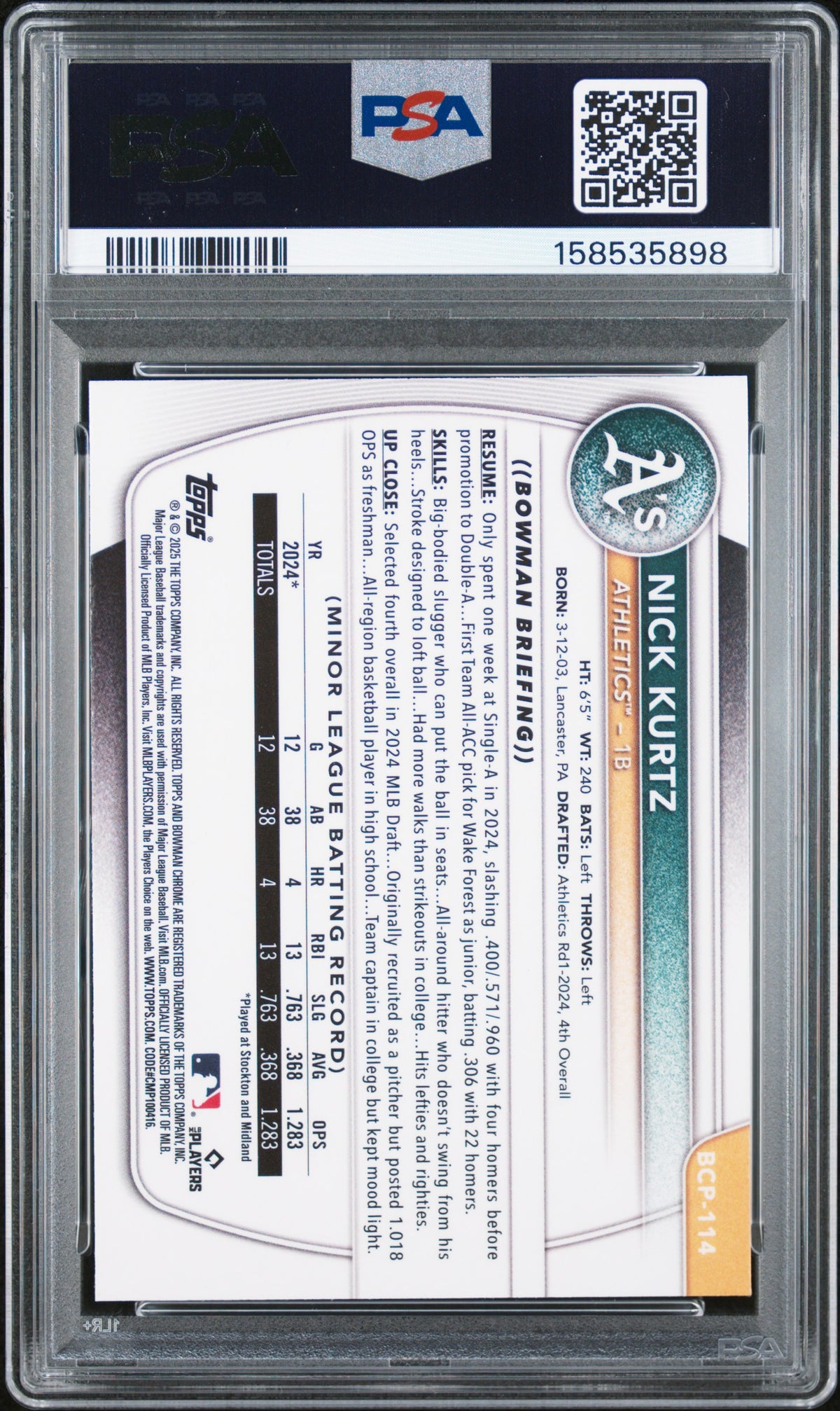 2025 Bowman Bowman X-Fractor Nick Kurtz #BCP-114 PSA 9