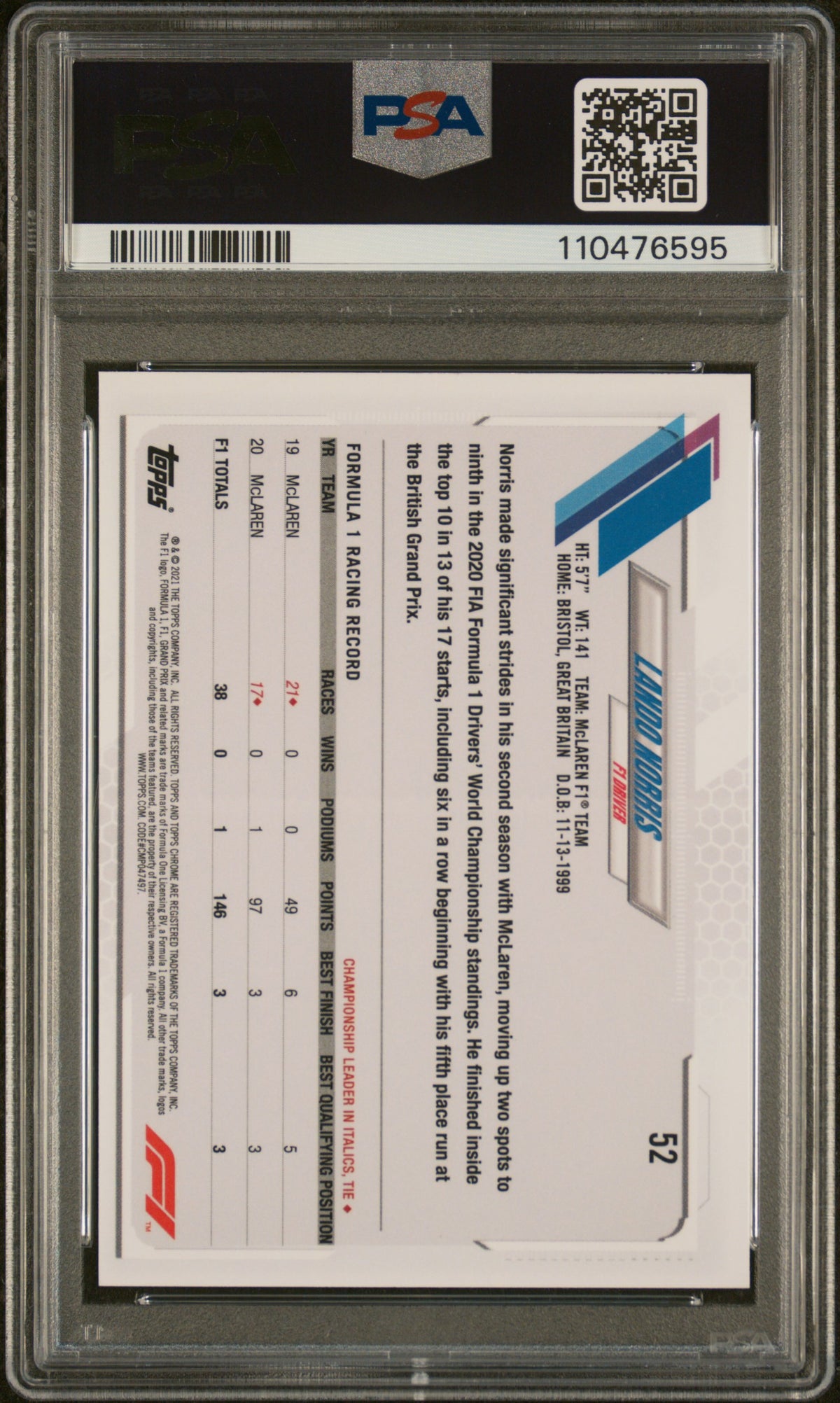 2021 Topps Chrome Formula 1 Black & White Raywave Refractor Lando Norris #52 PSA 9