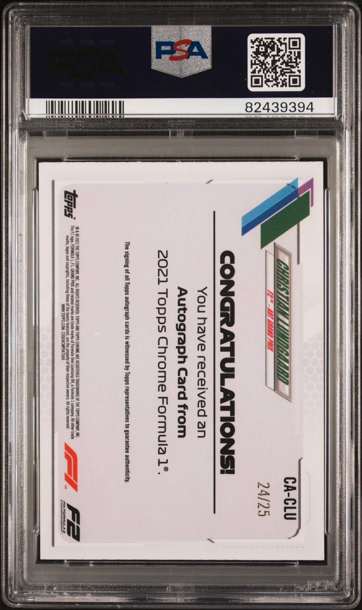 2021 Topps Chrome Formula 1 Autograph Orange Refractor Christian Lundgaard #CACLU /25 PSA 8