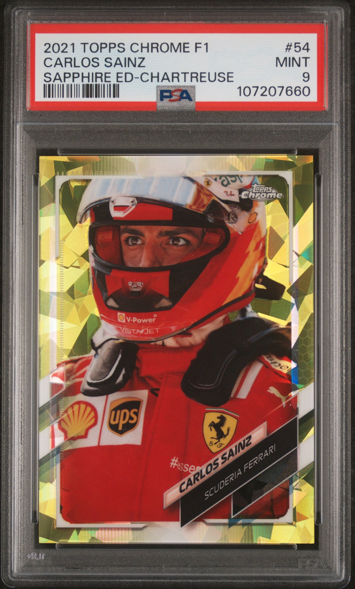 2021 Topps Chrome Formula 1 Sapphire Edition Chartreuse Carlos Sainz #54 /199 PSA 9