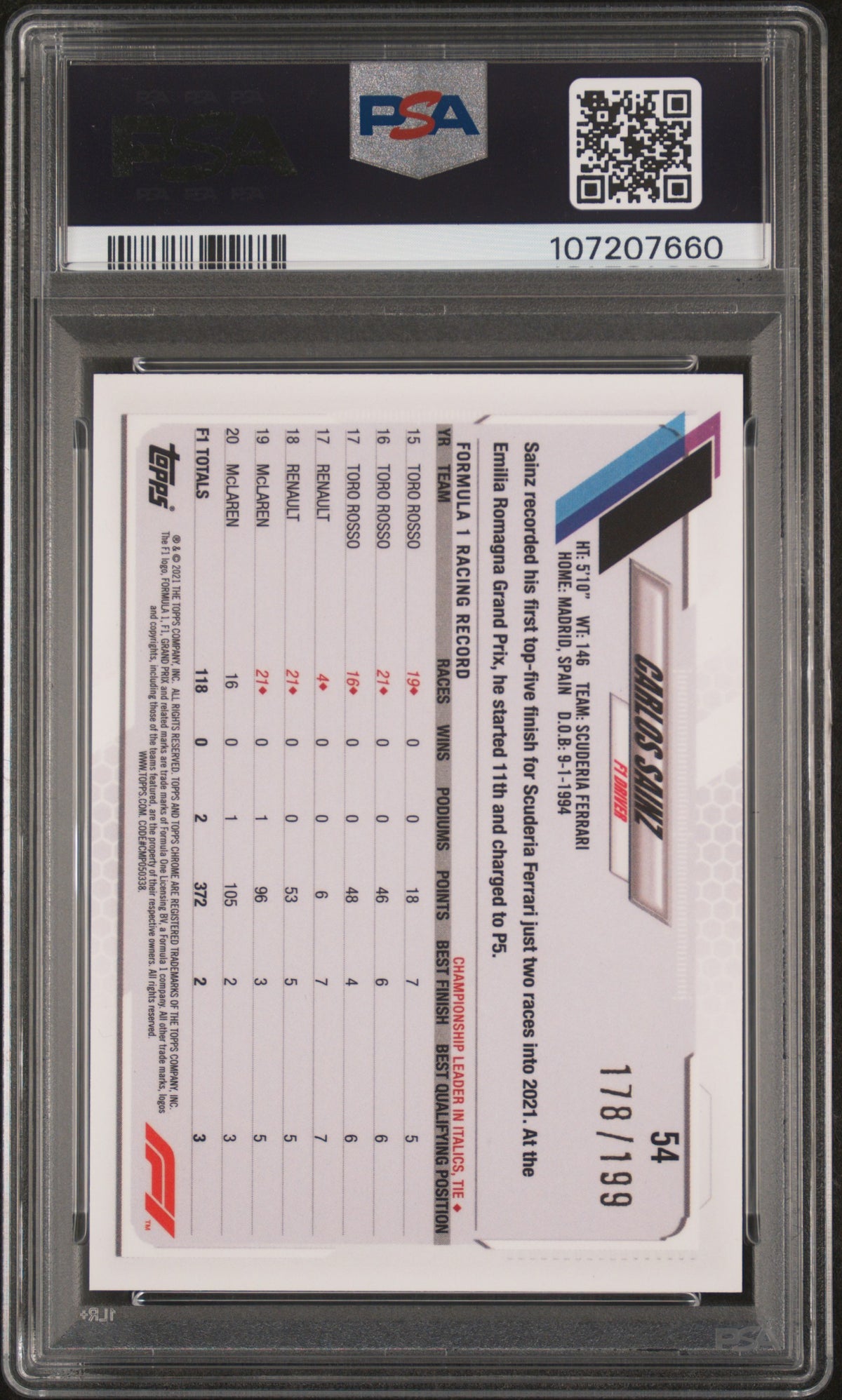 2021 Topps Chrome Formula 1 Sapphire Edition Chartreuse Carlos Sainz #54 /199 PSA 9