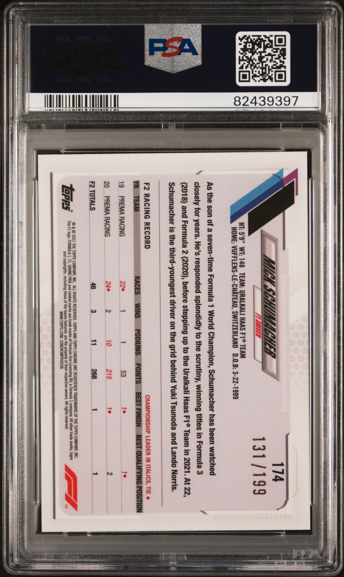 2021 Topps Chrome Sapphire Formula 1 Chartreuse Refractors Mick Schumacher #174 /199 PSA 8
