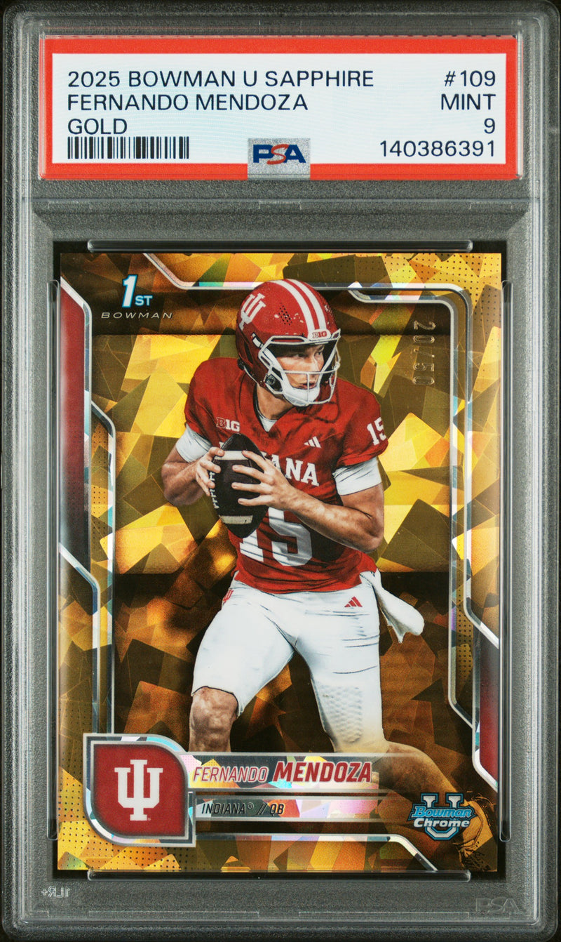 2025 Bowman Chrome Sapphire University Gold Refractors Fernando Mendoza #109 /50 PSA 9