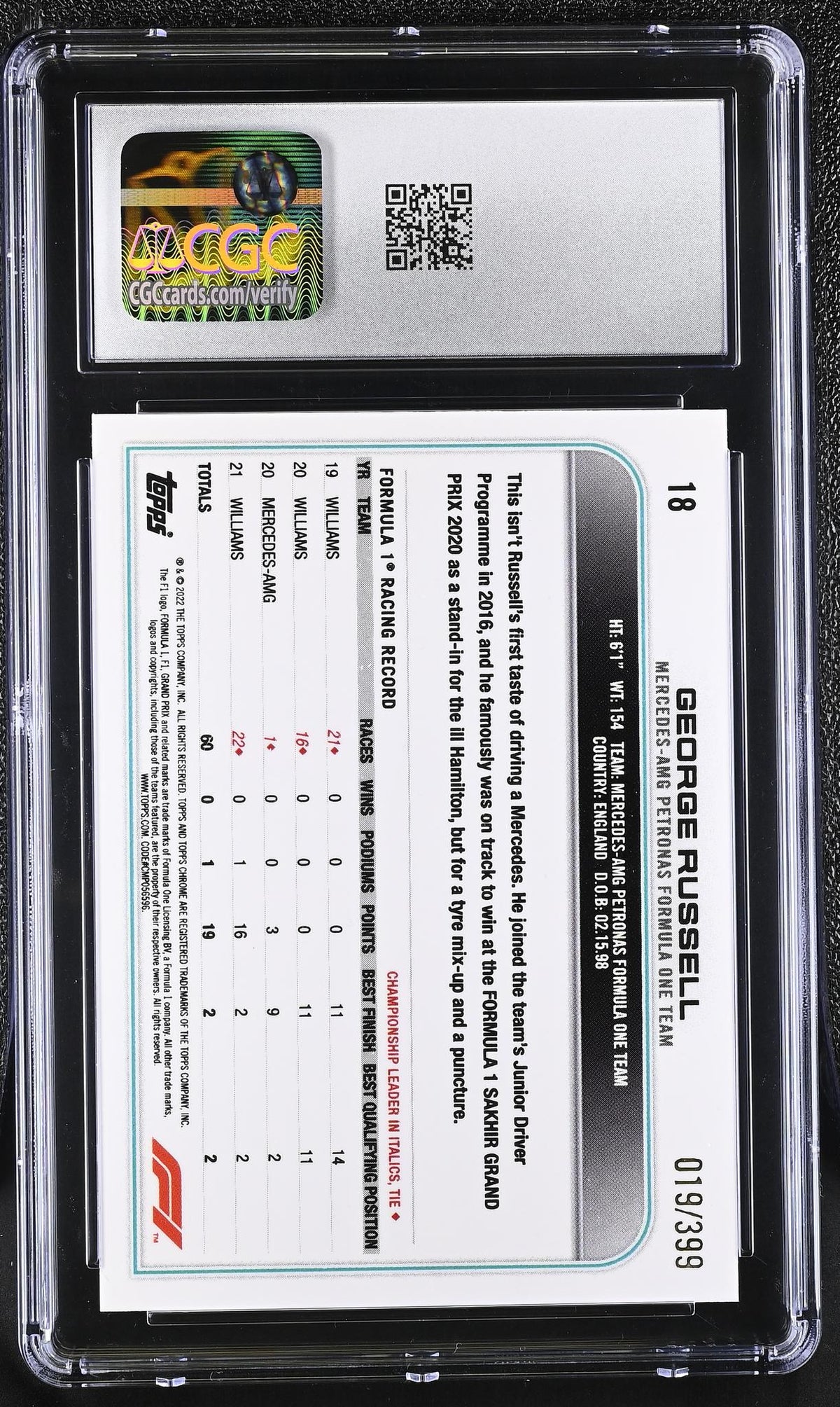 2022 Topps Chrome #18 George Russell Purple Refractor /399 CGC 10
