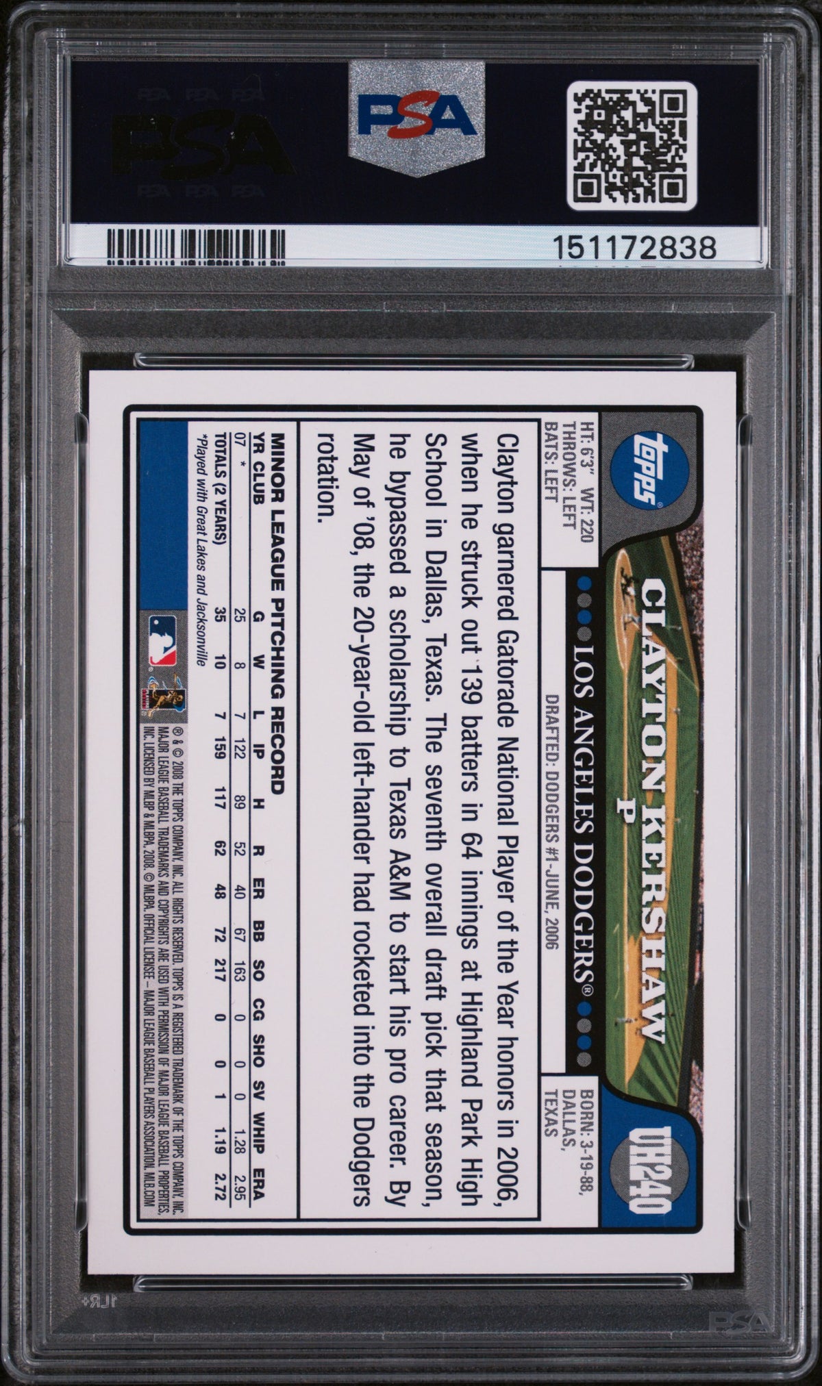 2008 Topps Update and Highlights Clayton Kershaw #UH240 PSA 10