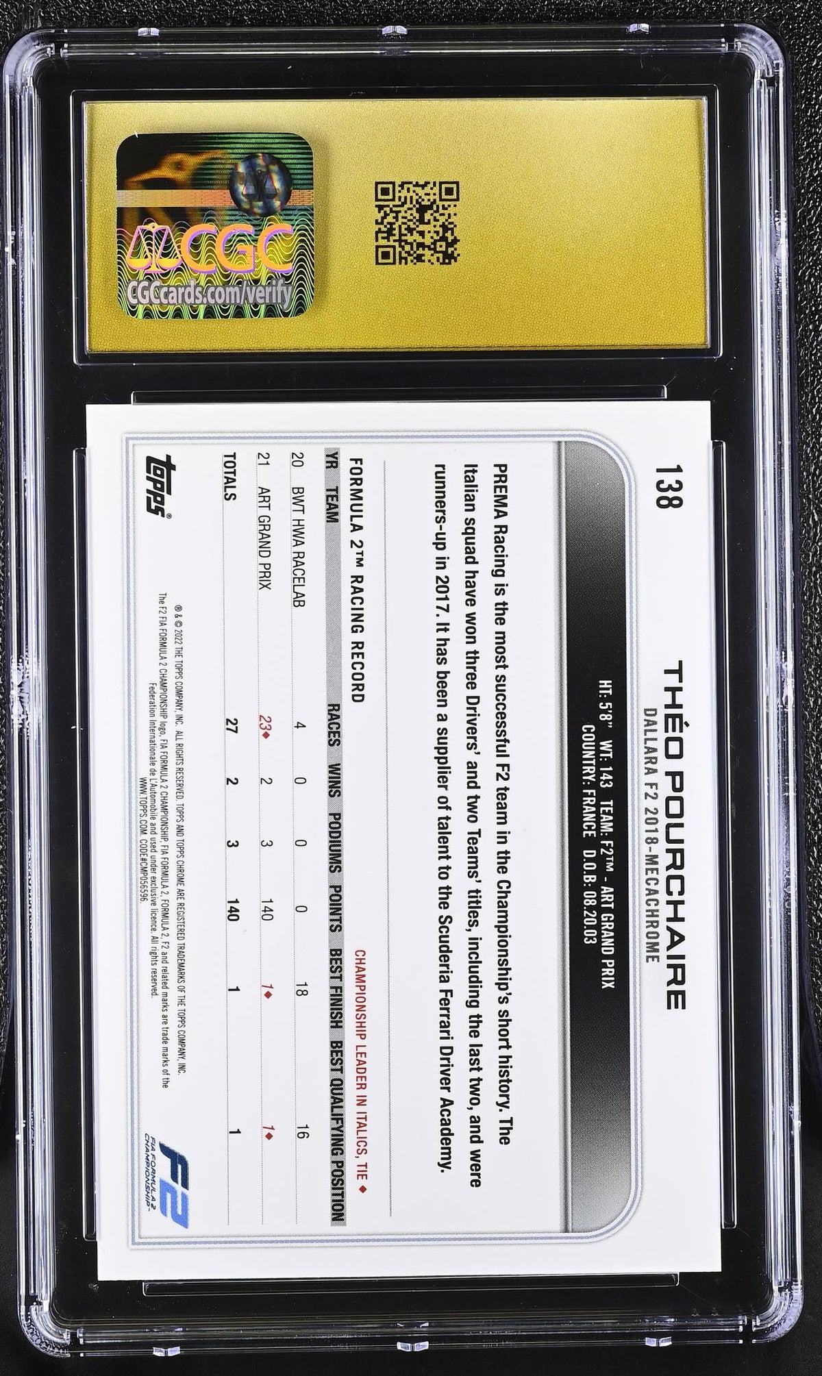 2022 Topps Chrome #138 Theo Pourchaire Black & White Ray Wave Refractor CGC 10